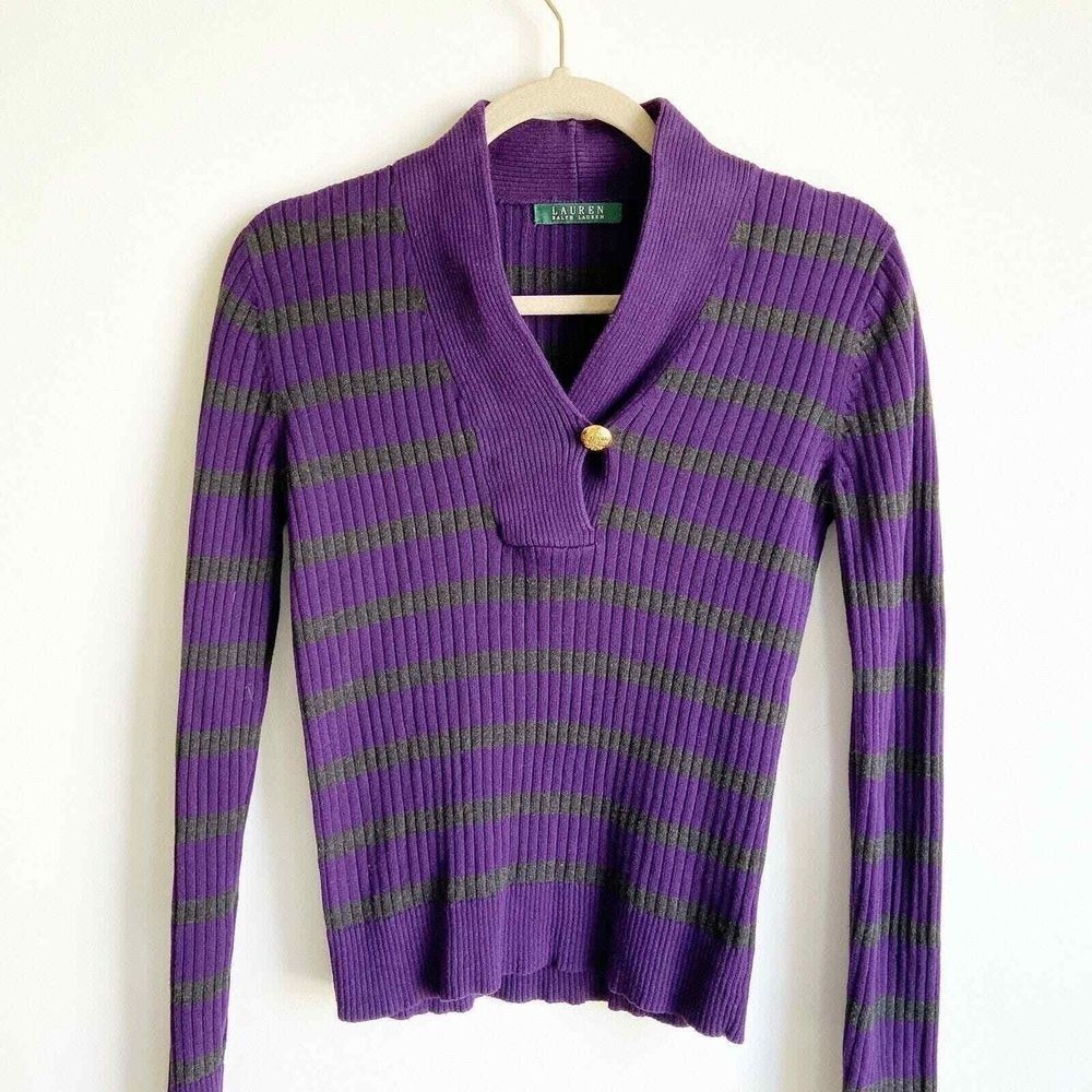 Lauren Ralph Lauren Sweater Ribbed Knit Women‎ Purple/Gray Small Grandma